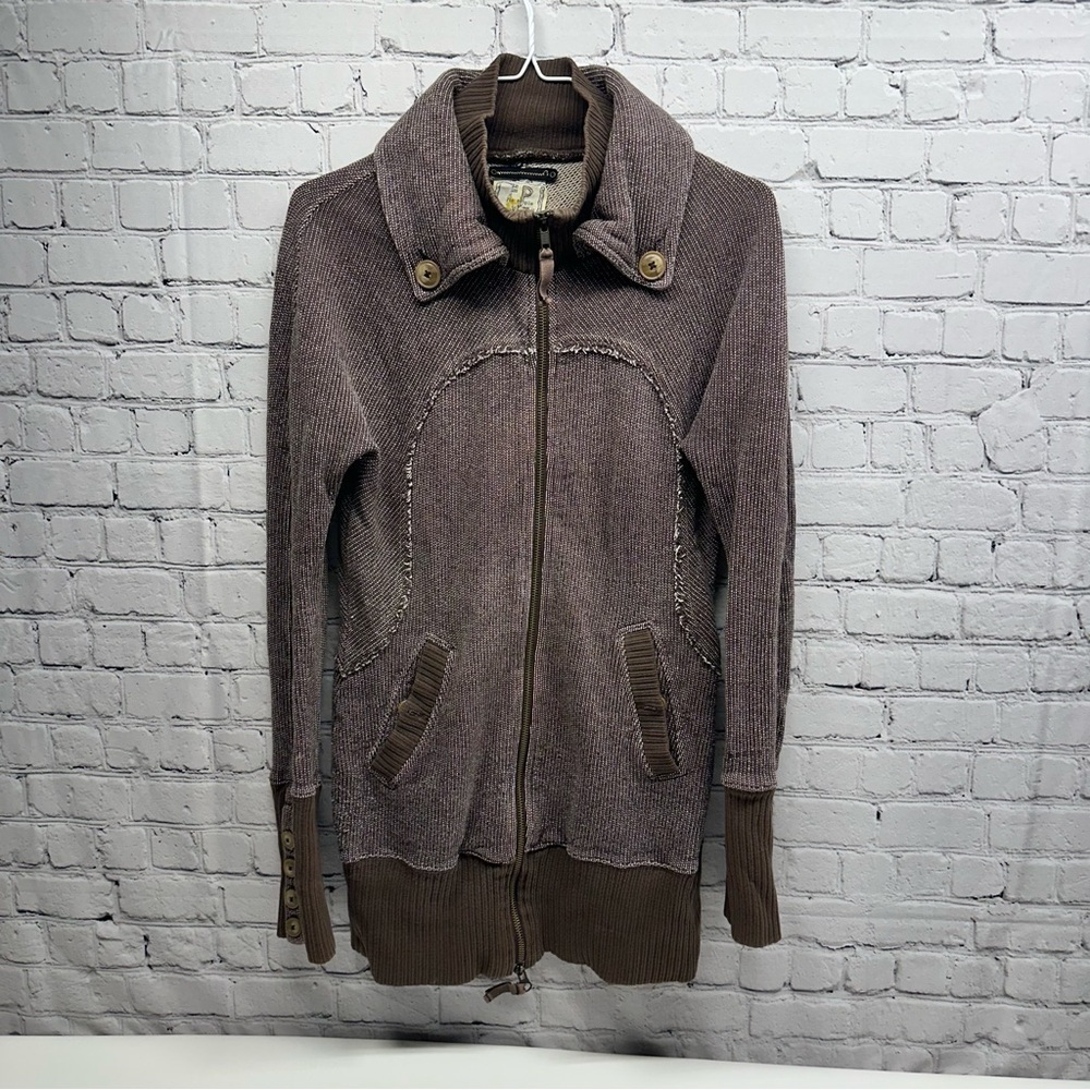 Free People Brown Zip Up Sweatshirt Jacket Small Full Zip Ribbed S